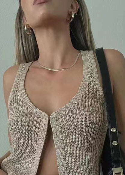 New Khaki V Neck Knit Cardigan Sleeveless