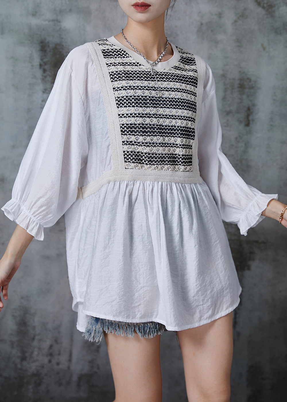 White Oversized Patchwork Cotton Tops Bracelet Sleeve