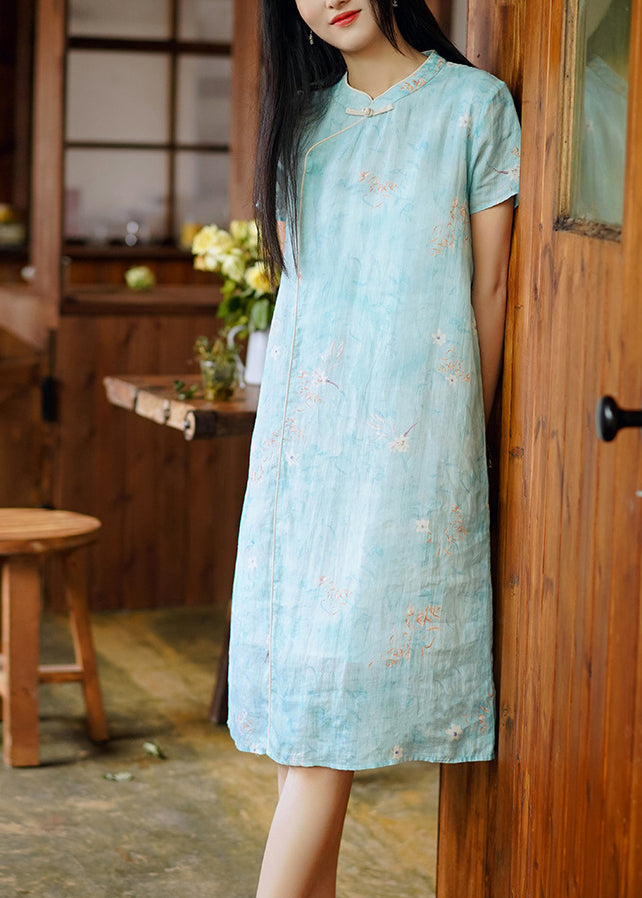Chinese Style Blue Stand Collar Print Linen Dresses Summer