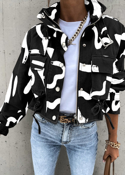 Apricot Zippered Pockets Print Short Jacket Fall