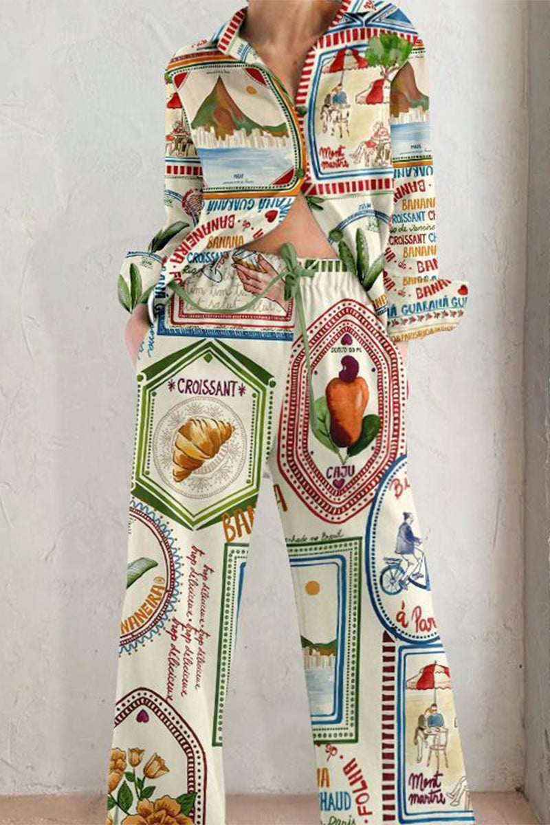 College Geometric Print Contrast Turndown Collar Long Sleeve Two Pieces