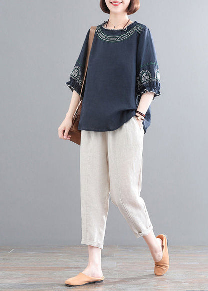 Loose Navy O-neck Top and Corp Pants Two-piece Set Summer