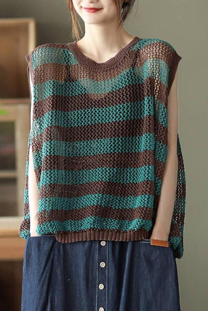 Hollow Out Stripes O Neck Sleeveless Vest Top