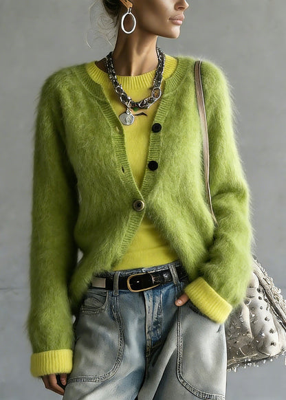Green V Neck Cotton Knit Cardigan and Top Two Pieces Set Spring