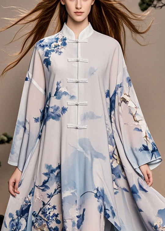 White Print Chinese Button Side Open Chiffon Oriental Dress Fall