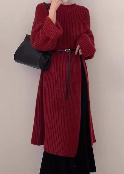 Red O Neck Side Open Knit Long Sweater Winter