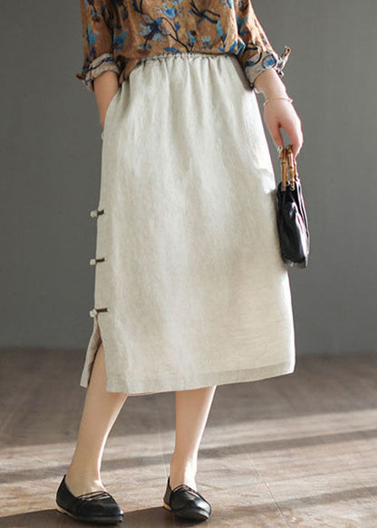 Beige Chinese Button Patchwork Linen Skirts Spring