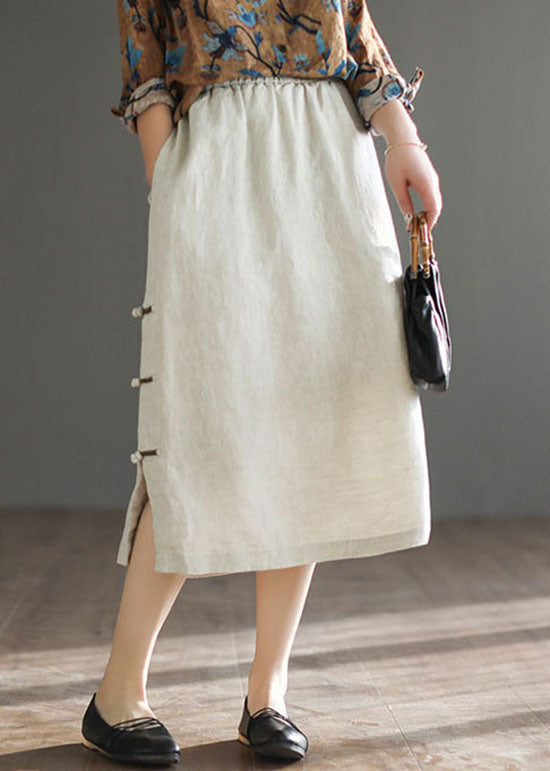 Beige Chinese Button Patchwork Linen Skirts Spring