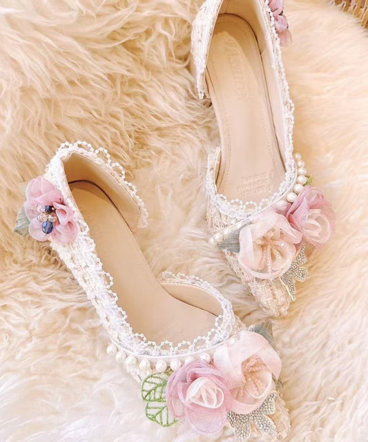 New Pink Flower Nail Bead Pointed Toe Coarse Heels