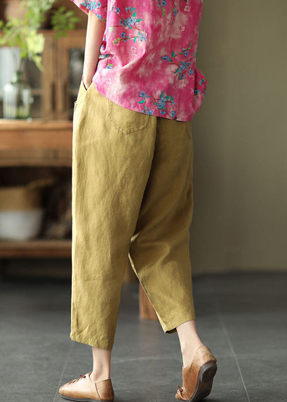 Mustard Yellow Elastic Waist Pockets Linen Harem Pants Summer