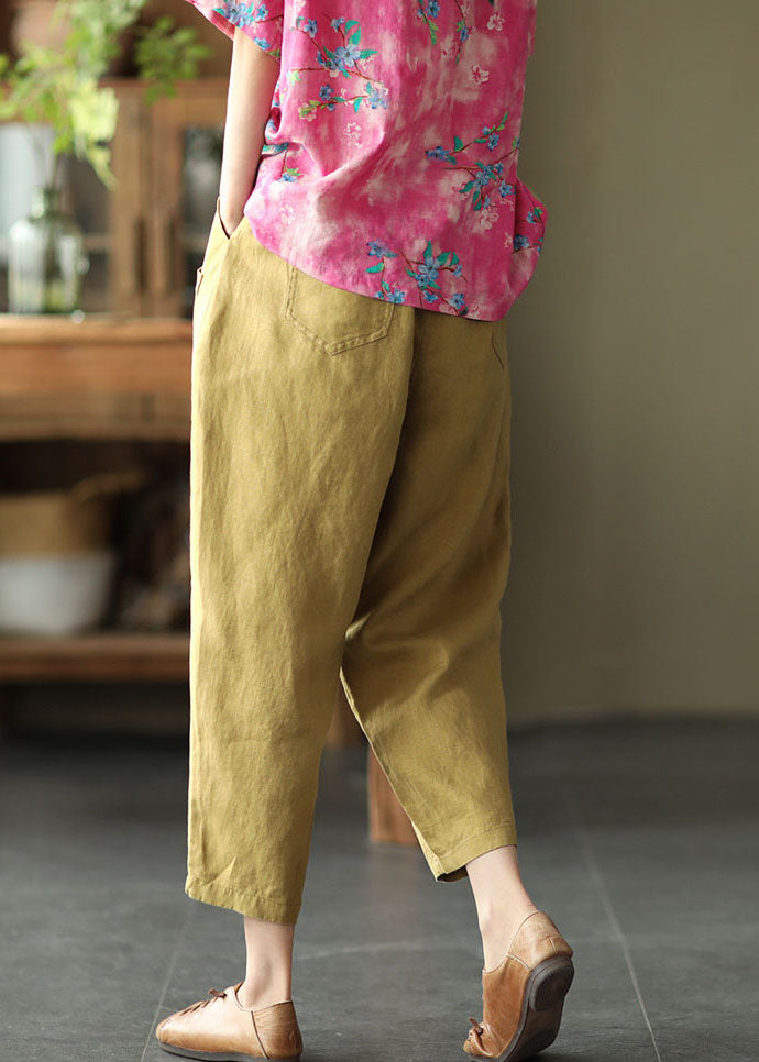 Mustard Yellow Elastic Waist Pockets Linen Harem Pants Summer