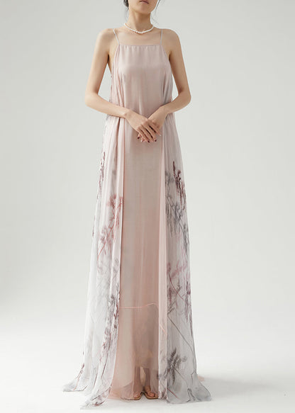 Pink Wrinkled Print Silk Spaghetti Strap Dress Sleeveless