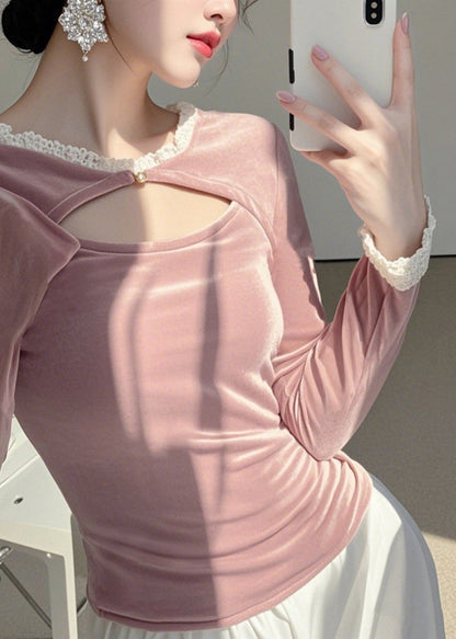 Pink O-neck Asymmetrical Silk Velour Tops Spring