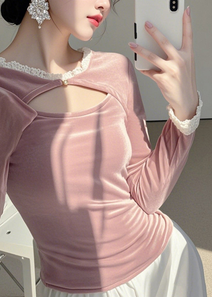 Pink O-neck Asymmetrical Silk Velour Tops Spring