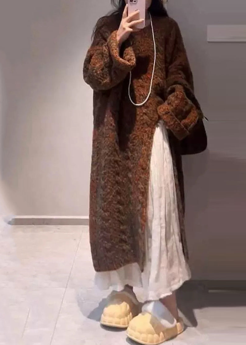 Handmade Coffee O-neck Asymmetrical Cotton Knit Long Sweaters Winter