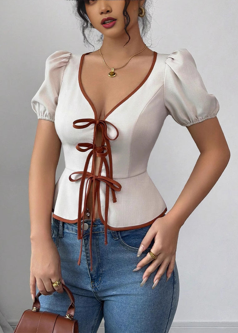 French White V Neck Lace Up Puff Sleeve Cotton Top