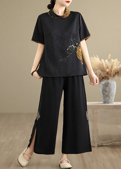Black Stand Collar Embroidered Silk Shirt Top Summer