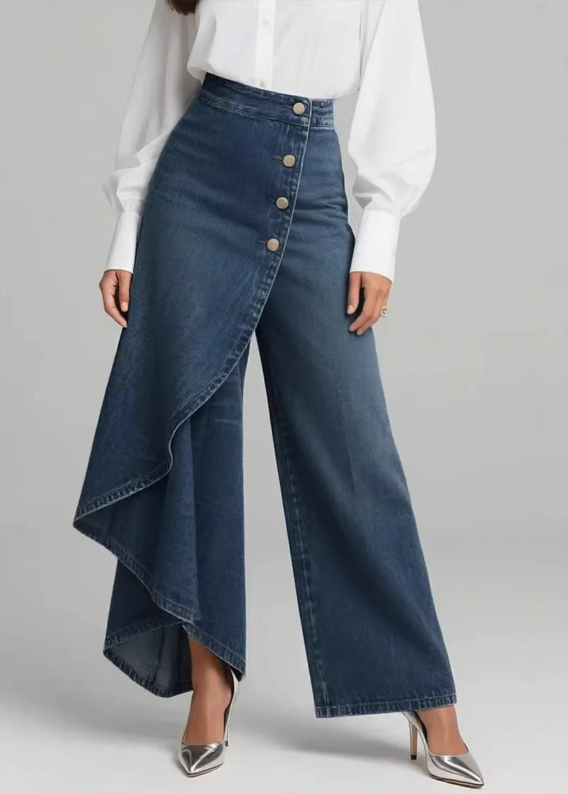 Blue Asymmetrical Patchwork Denim Pants Spring