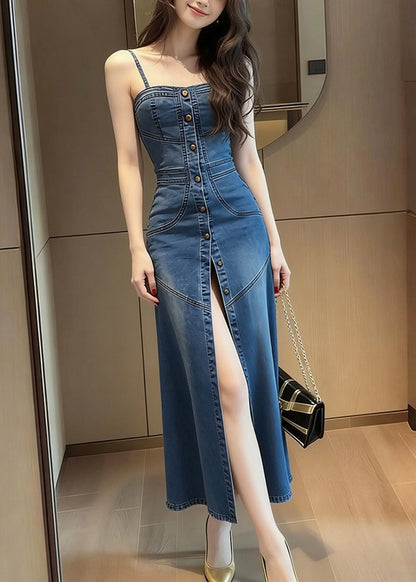 French Blue Side Open Denim Spaghetti Strap Dress Summer