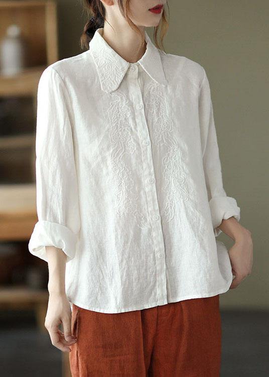 Organic White Loose Embroidered Fall Linen Long Sleeve Blouse Tops