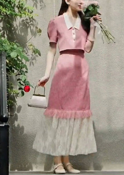 French Pink Tulle Patchwork Tops and Skirts Two Pieces Summer