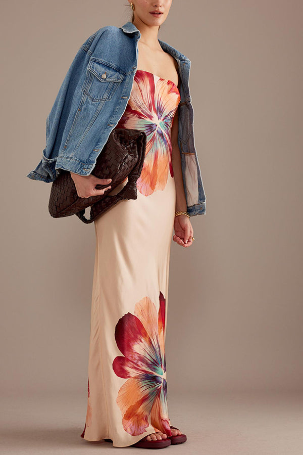 Charming Lady Satin Print Bandeau Loose Maxi Dress