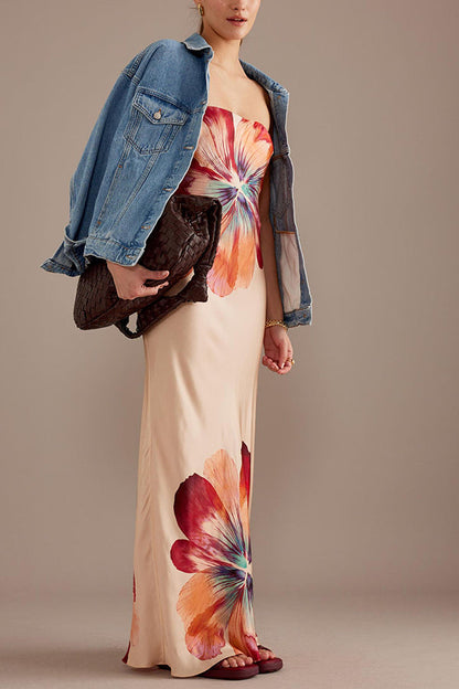 Charming Lady Satin Print Bandeau Loose Maxi Dress