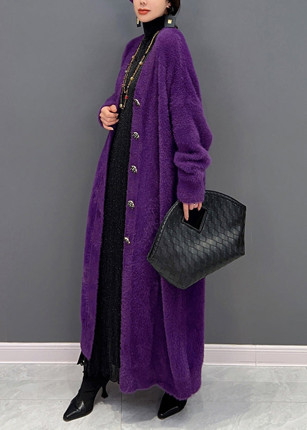 Purple V Neck Patchwork Mink Hair Knitted Cardigan Fall