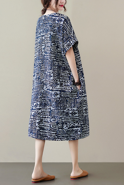 - New Cotton Linen Short Sleeve Dress Printed Long Dress
