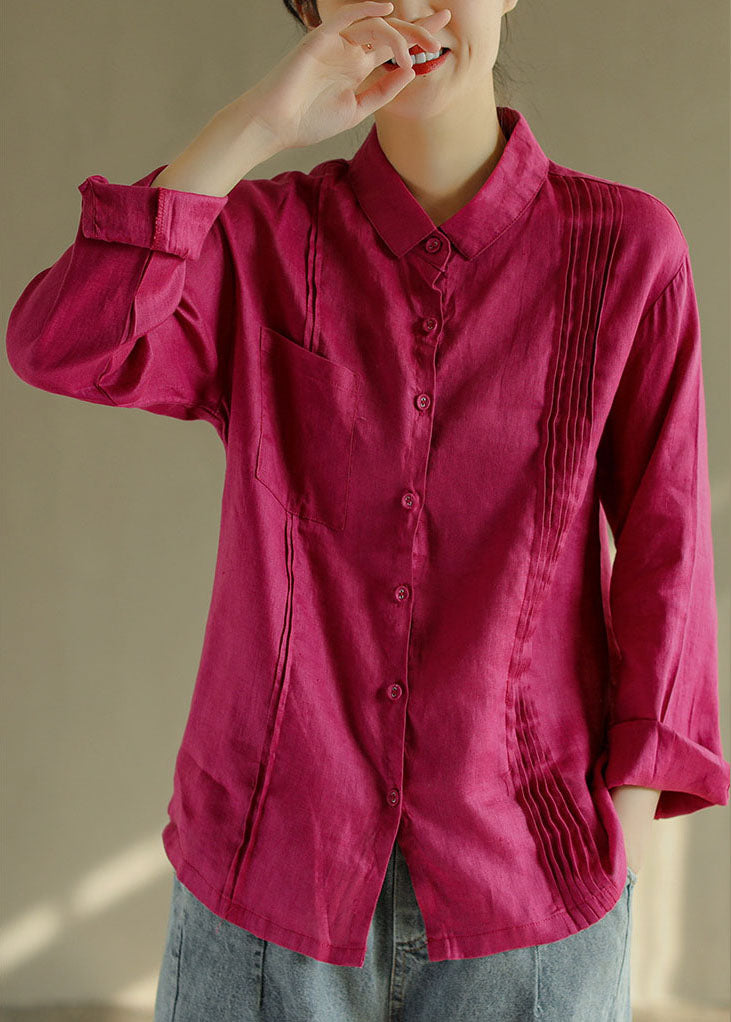 Green Linen Blouse Tops Button Asymmetrical Design Long Sleeve