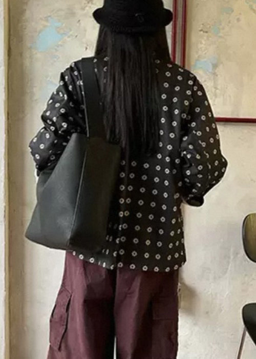 Black Print Pockets Cotton Coat Outwear Fall