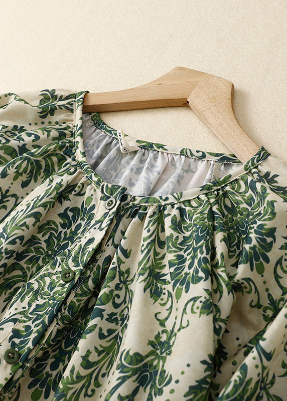 Organic Green O-neck Print Chiffon Top Summer
