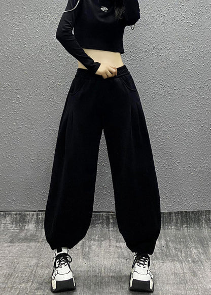 Grey Pockets Elastic Waist Cotton Beam Pants Fall