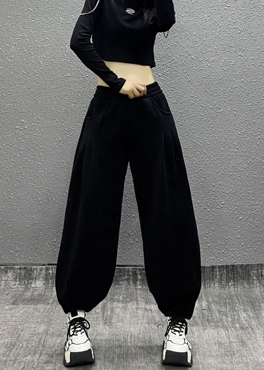 Grey Pockets Elastic Waist Cotton Beam Pants Fall