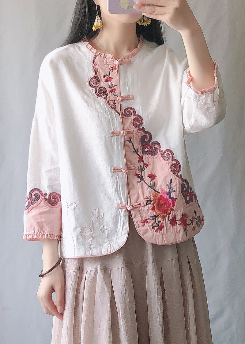 Pink Ruffled Embroideried Chinese Button Cotton Short Coat Spring