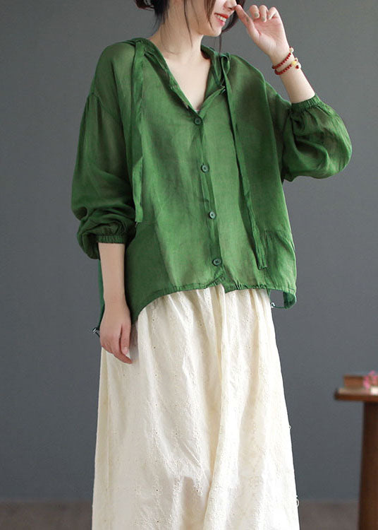 Green Hooded Pockets Patchwork Linen Thin Coat Summer
