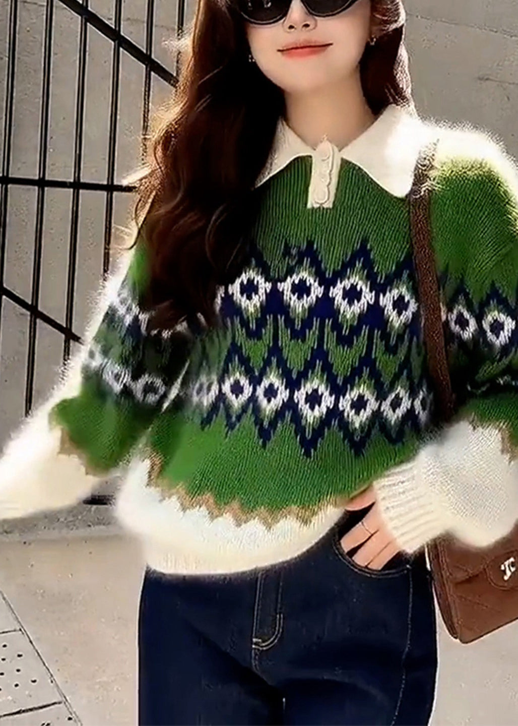 Green Oversized Print Thick Knitted Tops Winter