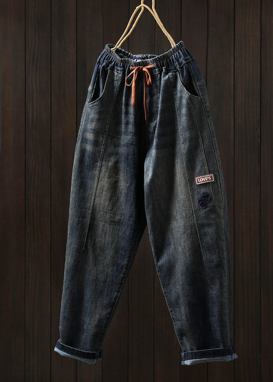 Blue Pockets Elastic Waist Patchwork Denim Harem Pants Spring