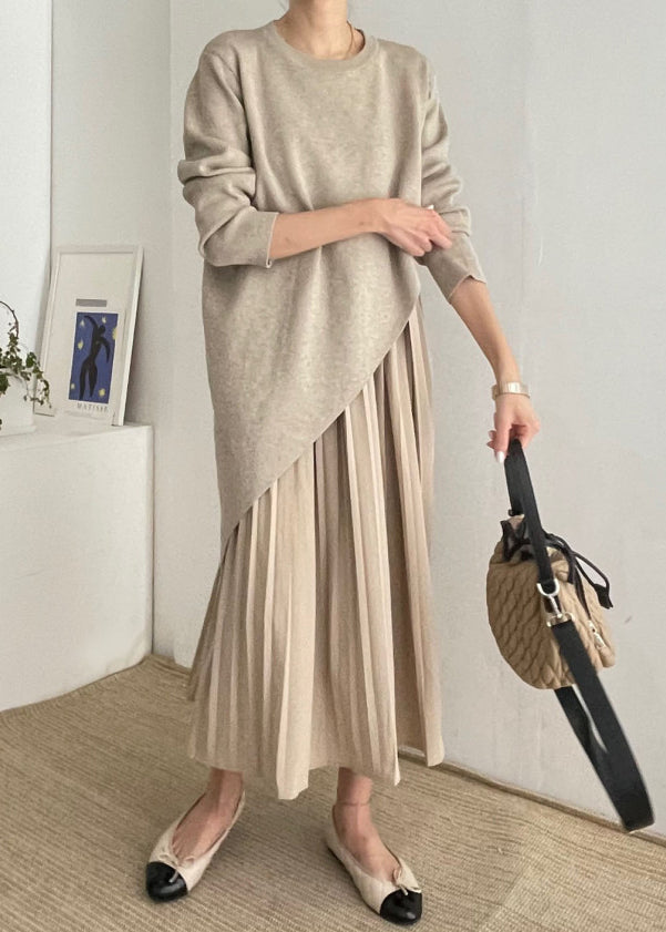 Khaki Asymmetrical Wrinkled Knit Dress Two Piece Set Spring