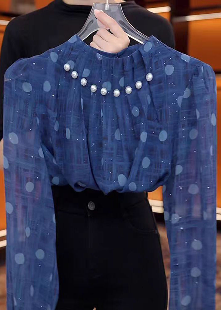 Unique Blue Stand Collar Nail Bead Chiffon Shirts Fall