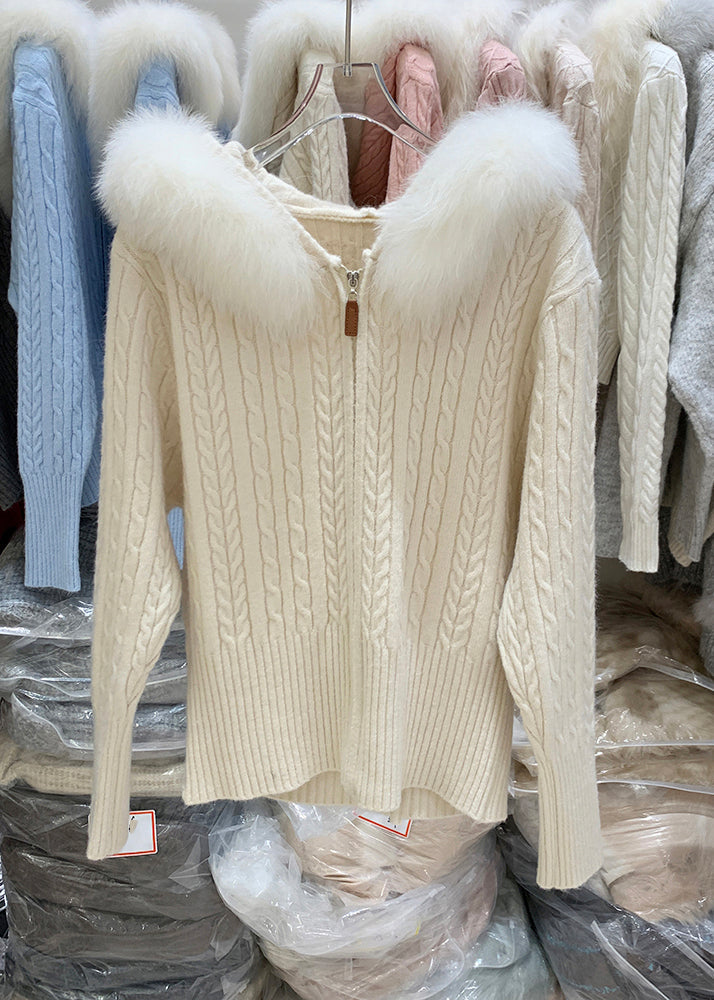 White Zippered Patchwork Hooded Cotton Knit Cardigan Winter