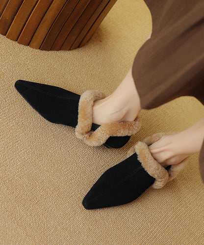 Handmade Apricot Suede Flats Shoes Pointed Toe Fuzzy Wool Lined