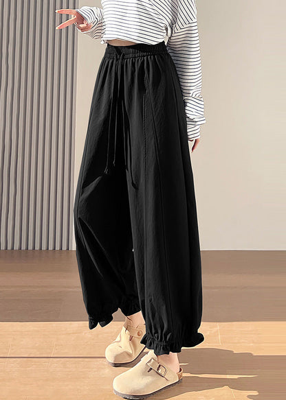 Black Elastic Waist Ruffled Cotton Pants Fall