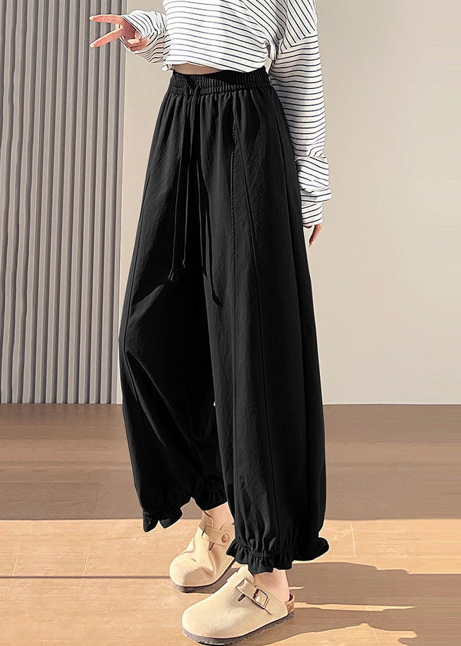 Black Elastic Waist Ruffled Cotton Pants Fall