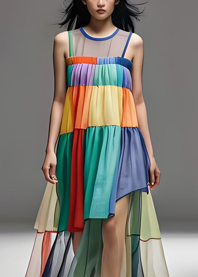 Loose Colorblock O Neck Tulle Patchwork Cotton Dresses Sleeveless
