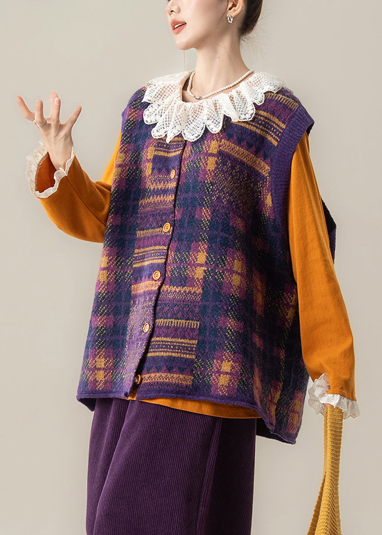 Organic Purple Plaid O-neck Cotton Knit Waistcoat Sleeveless