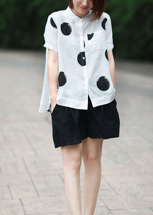 Diy White Stand Collar Dot Print Patchwork Linen Blouses Summer