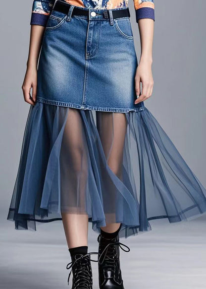 Navy Silm Fit Patchwork Denim Holiday Skirts Spring