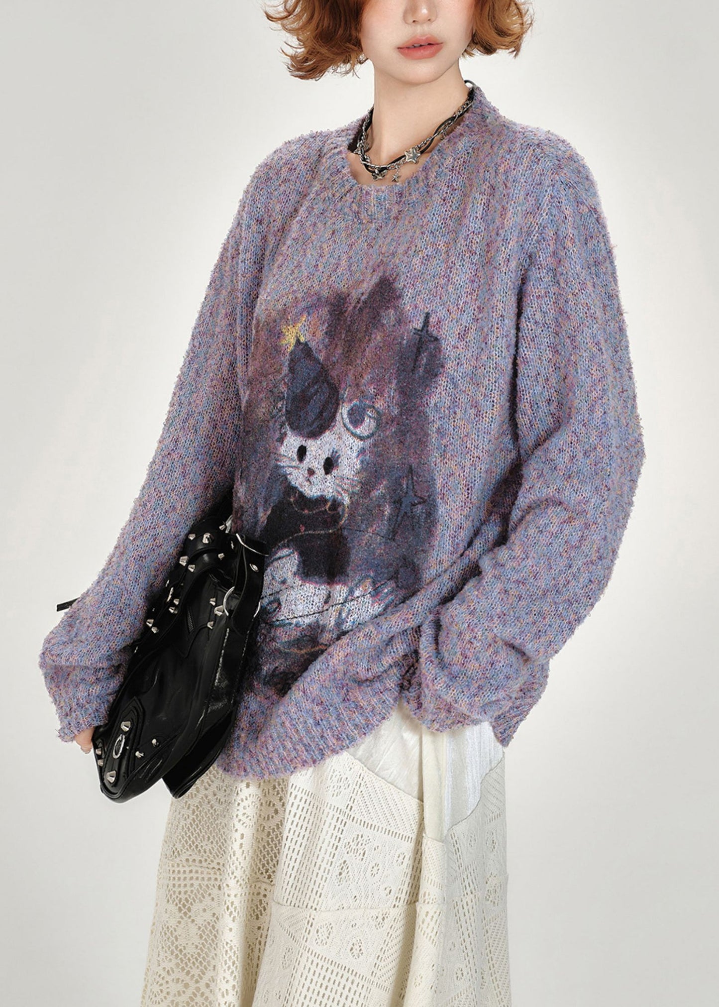 Diy Purple Oversized Print Knitted Tops Winter
