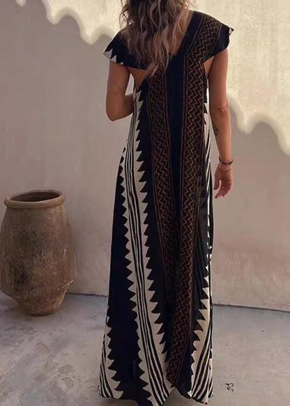 Black V Neck Print Cotton Long Dresses Summer